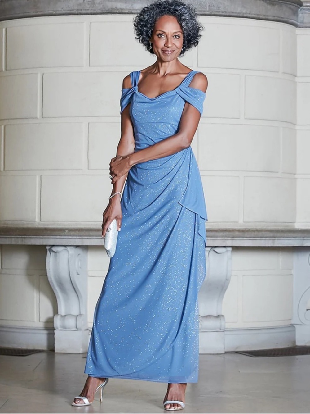 ALEX EVENINGS HANNAH GLITTER MESH COWL-NECK GOWN - 8P - Dusty Blue Glitter
